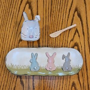 Mud Pie Easter Stoneware Ceramic Bunny Dish Dip Set Serving Tray 5x13" Off White
